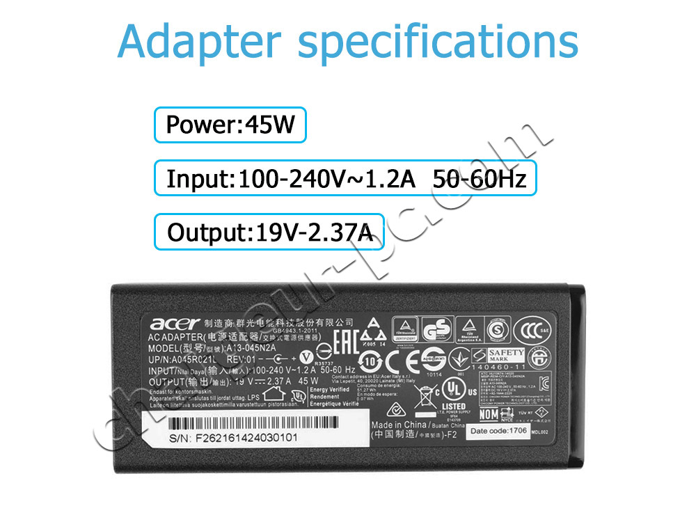 Original 45W Acer Aspire 3 A317-54-3235 AC Adaptateur Chargeur + câble