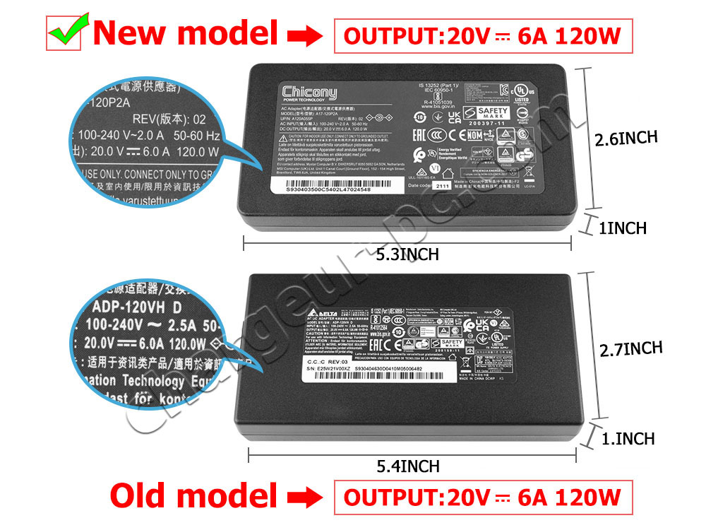 Original 120W MSI GF63 Thin 11UC MS-16R6 AC Adaptateur Chargeur + câble