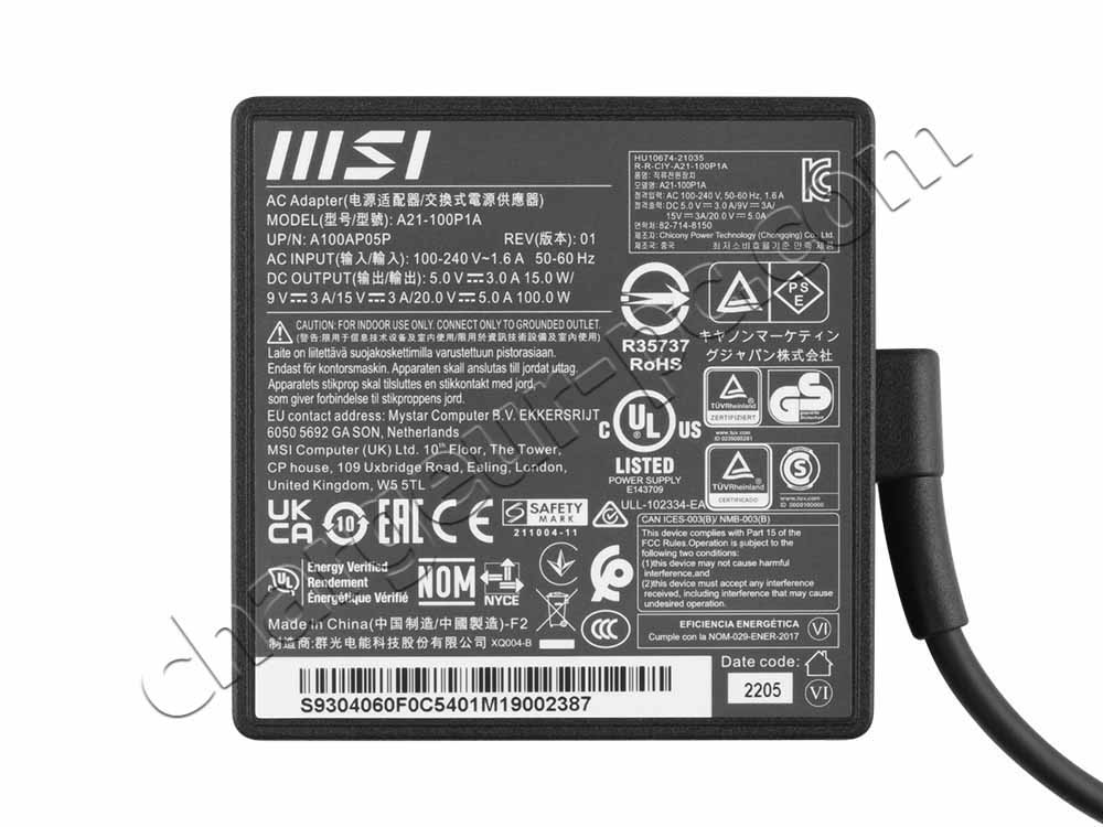 Original 100W USB-C MSI Prestige 14 AI Evo C1MG-029ES AC Adaptateur Chargeur + câble