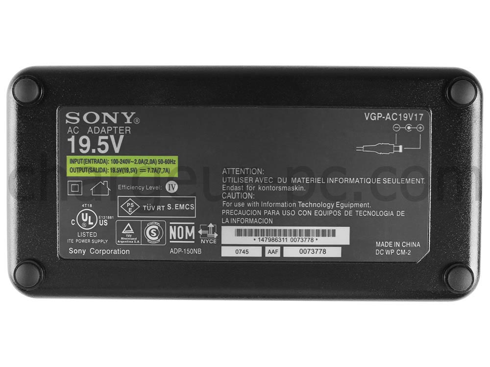 150W Original AC Adaptateur Chargeur pour Sony VGP-AC19V17 VGP-AC19V18